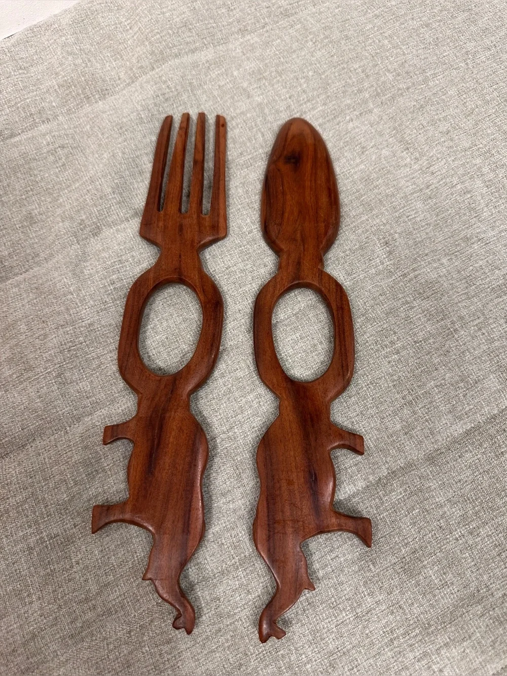 Vintage Hand Carved Wooden Elephant Handle Salad Fork & Spoon Set, 12” Long